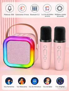 Altavoz de karaoke portátil con luces RGB coloridas, micrófono inalámbrico doble, cambio de voz (femenino, masculino, monstruo, bebé, original), máquina de karaoke para niños, ideal para fiestas en casa, campamentos al aire libre y regalos de cumpleaños para niños, compatible con Bluetooth, conexión a teléfono y TV, diseño de asa portátil para llevar fácilmente. - Rosa - Ver 3
