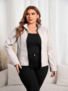 Giolshon Women Plus Size Casual Fashion Riding Jacket, Suitable For Commuting And Street Photography, Faux Leather Jacket For Autumn/Winter And Spring - Beige - View 4