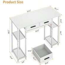 White Computer Desk With Drawers, 37.3 Inch Home Office Work Desk With Storage Shelf, Teens Study Table For Small Space, Small Writing PC Table For Bedroom Makeup Vanity Desk - Trắng - Xem 3