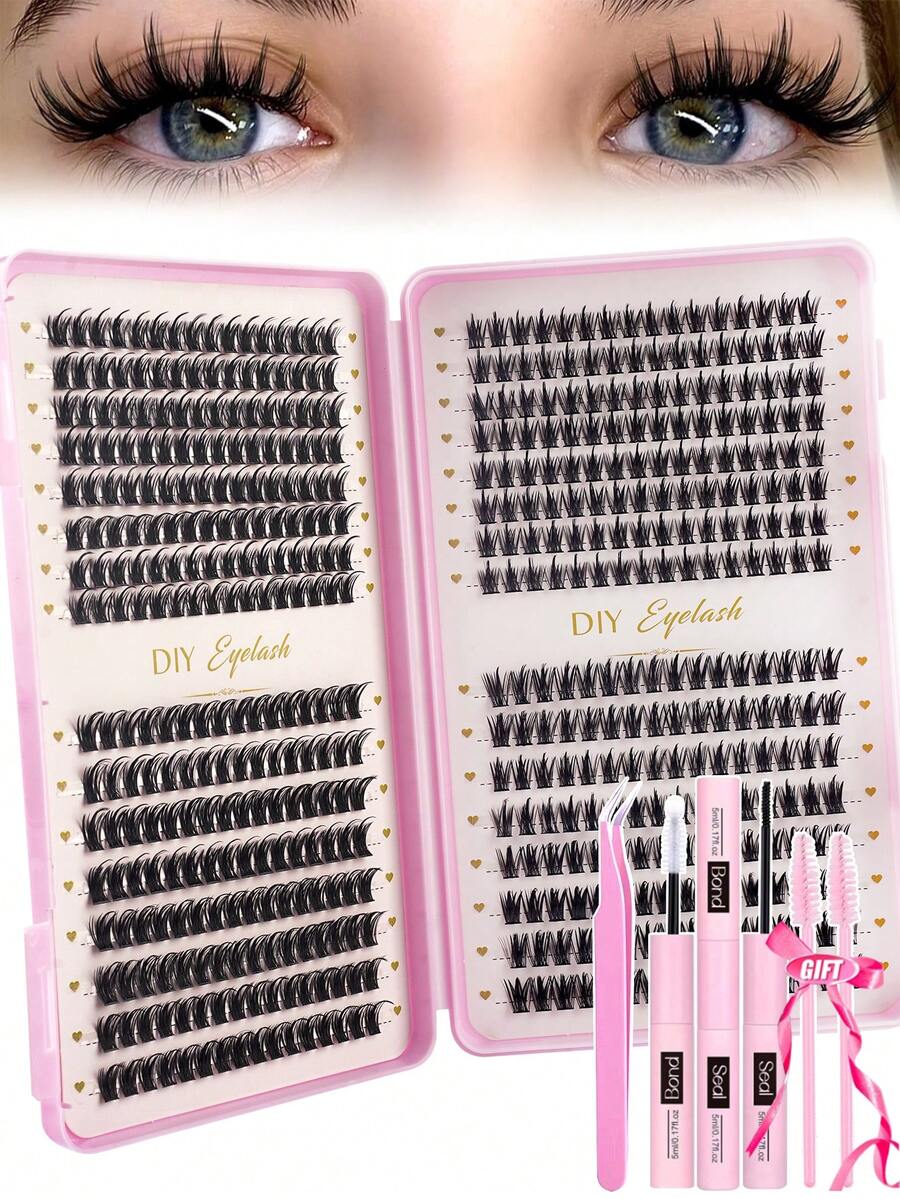 512pcs Cluster False Eyelashes, Thick Curly Eyelash Extension Kit, D-Curl 8-16mm Mixed Length, DIY Eyelash Extension Set, Fluffy Soft Individual Lashes, Create Voluminous Natural Y2K Butterfly Makeup Effect, Easy DIY At Home, Long-Lasting Eyelash Glue, DIY Tweezers, Cluster Lashes - 彩色 - 查看 1