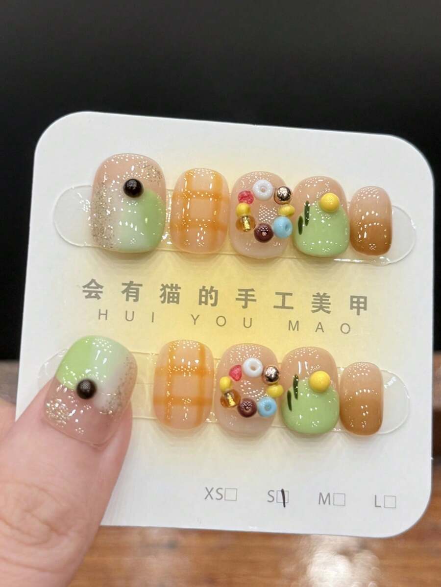 10pcs/Set Press On Nail Art, Matcha Cookies, Hand Painted Glittering Designs, Lively, Sweet, Cute And Energetic Nail Art, Handmade Nail Accessories - Multicolor - View 1