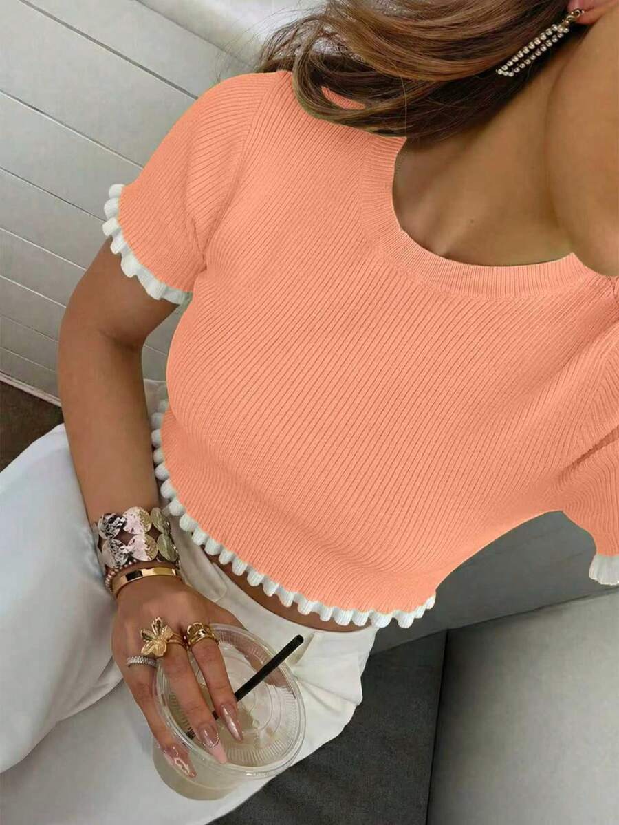 Women's Elegant Holiday/Graduation Ceremony Knit Top, Casual Short Sleeve Yellow Ruffle Hem Knit Pullover Summer - Coral Orange - View 1