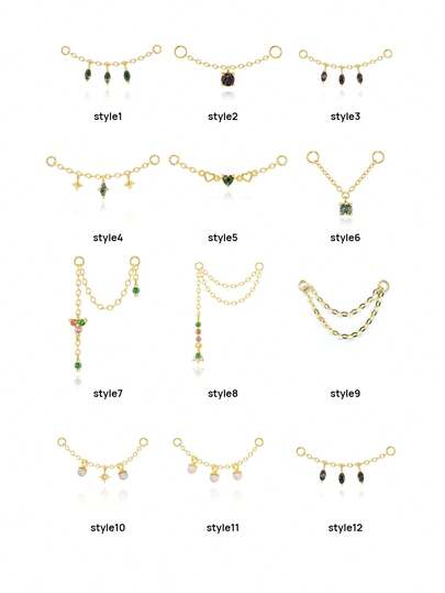 1件925纯银玛瑙/彩色锆石/蛋白石耳环链配件，18k镀金耳环连接链，女士可转换吊坠链，适合双耳洞佩戴