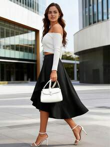 Fashionable Black Mid-Length Asymmetric Ruffle Hem Skirt, Polyester Fabric, Elegant Design With Front Short Back Long Style Spring - Black - View 3