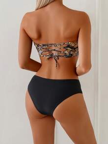 Bộ bikini nữ kiểu bohemian không dây, thiết kế hở lưng buộc dây, đồ bơi thời trang màu đen phối họa tiết hoa vàng, bộ bikini hai mảnh gợi cảm có dây buộc, trang phục đi biển nghỉ dưỡng. - Vàng đen - Xem 2