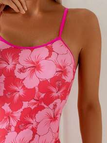 夏季泳装，亮丽色彩女士竞速泳衣，热带花卉印花连体泳衣，彩色滚边，运动型露背竞技泳衣，方腿圆领，带可拆卸胸罩，运动风格，适合游泳比赛、训练、冲浪、海滩度假穿着，粉色度假款 - 粉色 - 查看 4