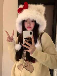1pc Ladies' Cute Ear Design Ear Warmer Hat Made Of Polyester Fiber, Students Witch Winter Fall Valentine's Day Valentines - Black - View 3