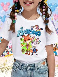Disney Zoo Judy Hopps Nick Wilde Mystery Cartoon Elements Printed Pattern T-Shirts For Girls - Children's Clothing Design Short-Sleeved Casual And Cute Style Comfortable And Casual Wear All Year Round Suitable For Parties And Play Machine Washable Gift Children's Clothing Girls' Short-Sleeved Shirts - 白色 - 查看 1