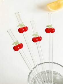 1/2/5pcs Reusable Glass Straws With Cherry Decoration, Cute Cartoon Bent Transparent Glass Drinking Straws Tableware Set, Suitable For Kitchen Accessories, Water Cups, Straw Tops, Smoothies, Bubble Tea, Juices, Cocktails, Cold Drinks, Ideal For Back To School, Hen Party, Wedding, Travel, Fun Gift For Girlfriend/Boyfriend, Graduation, Party, Easter - View 6