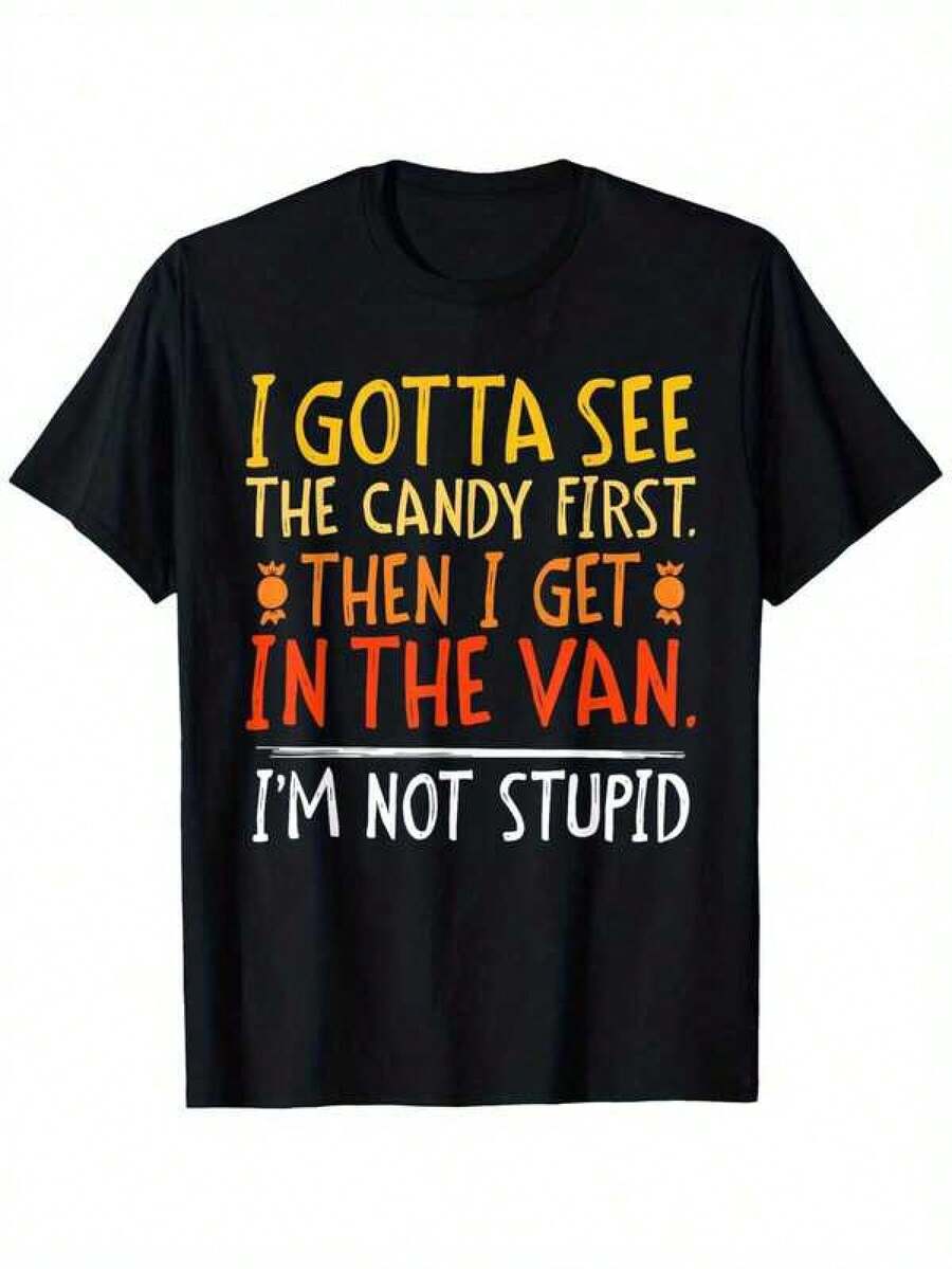 1 Camiseta da-mi-ri-rtida con el eslogan "Tengo que ir primero, no voy..." – Unis-ex, informal, camiseta humorística, broma con motivo de caramelos, manga corta, cuello redondo, adecuada para hacer ejercicio, fiestas y para el tiempo libre – Lavable a máquina, apta para todas las estaciones, 180 g, 100 % algodón - Negro - Ver 1