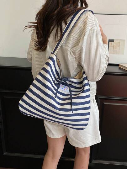 1pc Women's Contrast Embroidered Soft Striped Dual-Color Bow Tote Bag, Large Capacity Shoulder Bag