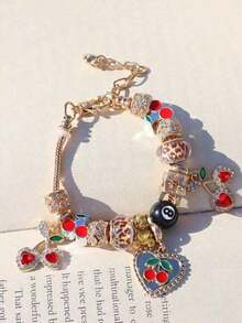 1pc Leopard Print Cherry Charm Bracelet, 1pc Black Cherry 8mm Bead Bracelet, Fashion Leopard Print DIY Bracelet, 1pc Red Cherry Music Festival Bracelet - 金色 - 查看 9