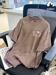 Vintage Washed Cotton Loose-Fit T-Shirt, Cute  Face And Heart Print, Women's Casual Street Style Short-Sleeve Top, Wrinkle-Resistant Washed Cotton T-Shirt - 棕色 - 查看 4