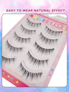 5 pares de pestañas manga de aspecto natural con banda transparente, pestañas postizas de estilo anime japonés, pestañas postizas de estilo asiático delgadas y difuminadas, pestañas postizas de maquillaje coreano, grupos de pestañas de hada - Negro - Ver 3