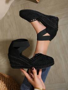 女士交叉弹力网布花卉丝绒绳休闲坡跟鞋 - 通黑色 - 查看 2