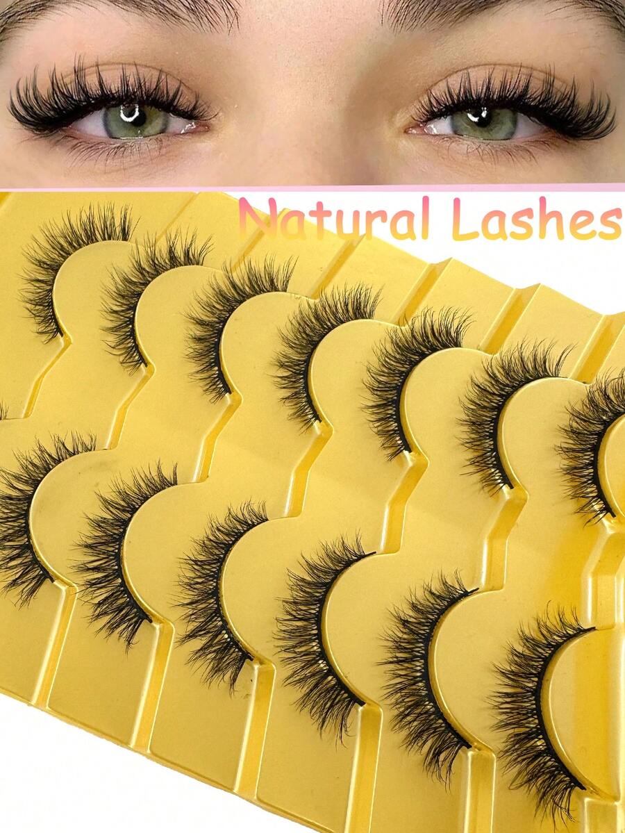 7 Pairs Natural Short False Eyelashes, Lightweight Fluffy Mink Fur Eyelash Set, Create Natural Fluffy Cat Eye Makeup Effect, Suitable For Makeup Artists And Beginners Daily Makeup - Black - View 1