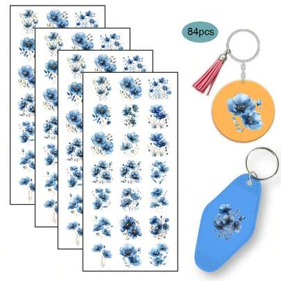 Bộ 84 miếng dán chuyển nhiệt UV DTF họa tiết hoa xanh trừu tượng chủ đề mùa xuân, thích hợp để trang trí móc khóa acrylic, móc chìa khóa khách sạn, nhà nghỉ, nhãn dán bao bì UV DTF độ bám dính cao, nhãn dán máy tính xách tay, trang trí lễ hội, thiết kế họa tiết ngày lễ (Không bao gồm móc khóa)