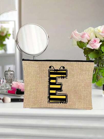 Mother's Day1pc Cute Bee Pattern Letter Printed Cosmetic Bag,Stylish A-Z Letters Zipper Makeup Bag, Hand Rope, Large Capacity Cosmetic Bag, Portable Casual Storage Handbag, Multifunctional Shopping Bag, Portable Travel Beach Makeup Bag, Travel Toilet Organizer Zipper Bag,Skincare Bag, Suitable For Outdoor Picnics, Parties, Weddings, Daily Use, Birthdays, Back To School, Holidays, Perfect Gift For Women, Mothers, Teachers, Friends, Bridesmaids, Students, Valentine'S Day, Mother's Day