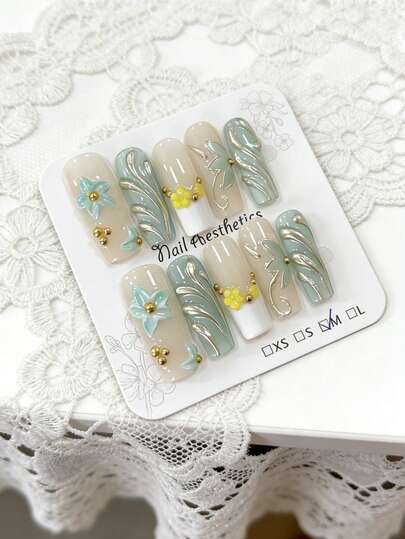 10pcs Water Pipe Shaped French Tip 3D Striped Floral Luxury Press-On Nails, Suitable For Girls, Holidays, Weddings, Parties