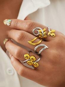Uself 3pcs/1pc Layered Leaf Swirl 18K Gold Plated 304 Stainless Steel Ring Set, Dual-Tone Polished Flower Bud Open Ring Mixed Style Jewelry For Women - Multicolor - View 4