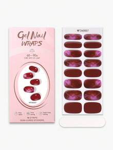 16Pcs Red Gradient Marble Pattern Semi-Cured Gel Nail Strip,Spring/Summer Dreamy Unique Style Nail Stickers, Self-Adhesive Easy To Apply,Suitable For Women And Girls Home DIY Manicure - Purple - View 3