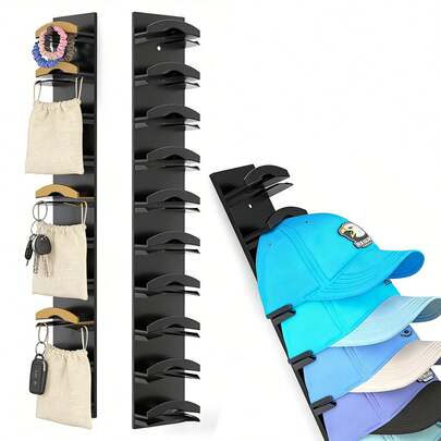Baseball Cap Storage Rack, Wall-Mounted Hat Holder With Strong Adhesive, Holds Up To 10 Hats, Hat Display Rack For Cabinet, Multi-Layer Double-Layer Installation Options (Black)