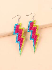 2件套时尚几何圆形、矩形、闪电形亚克力长耳环，女士款 - 藍玫紅黃 - 查看 4