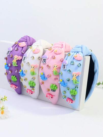 1 chiếc băng đô cài tóc nữ họa tiết nàng tiên cá, vỏ sò hồng, rong biển, đính đá lấp lánh, thích hợp cho tiệc bãi biển, làm từ chất liệu polyester, kiểu thắt nút, lý tưởng cho mùa hè.