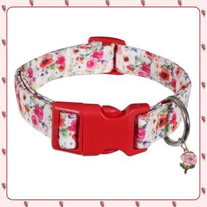 1 Stück romantischer Blume Muster Hundehalsband, weiße Basis mit roten & rosa Rosen, strapazierfähiges Polyester mit verstellbarem Design und roter Schnellverschluss-Schnalle + Rosenanhänger, geeignet für kleine/mittlere/große Hunde & Katzen, Outdoor-Spaziergang Accessoire