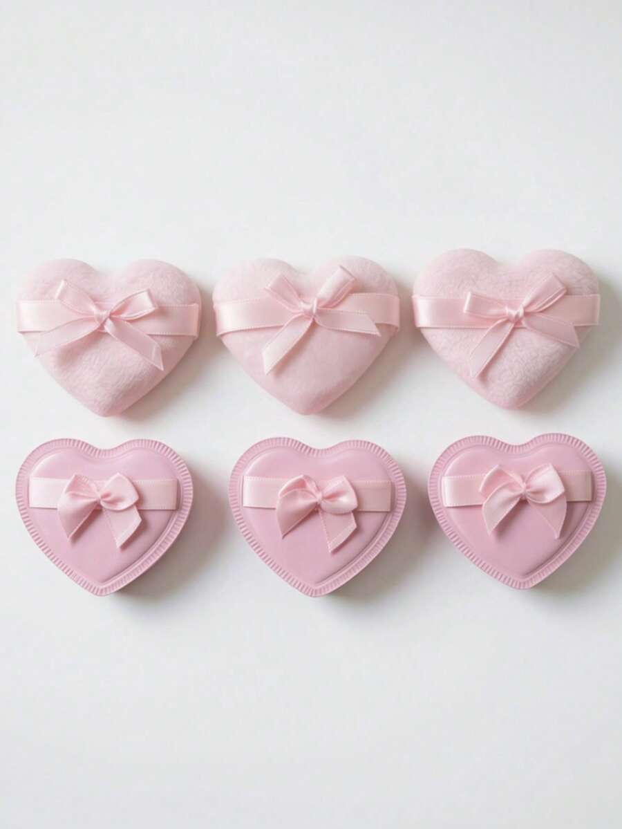 6个装心形蝴蝶结化妆海绵套装 - 天鹅绒和塑料双材质粉扑，干湿两用，柔软不吸水，粉色爱心礼盒 - 彩色 - 查看 1