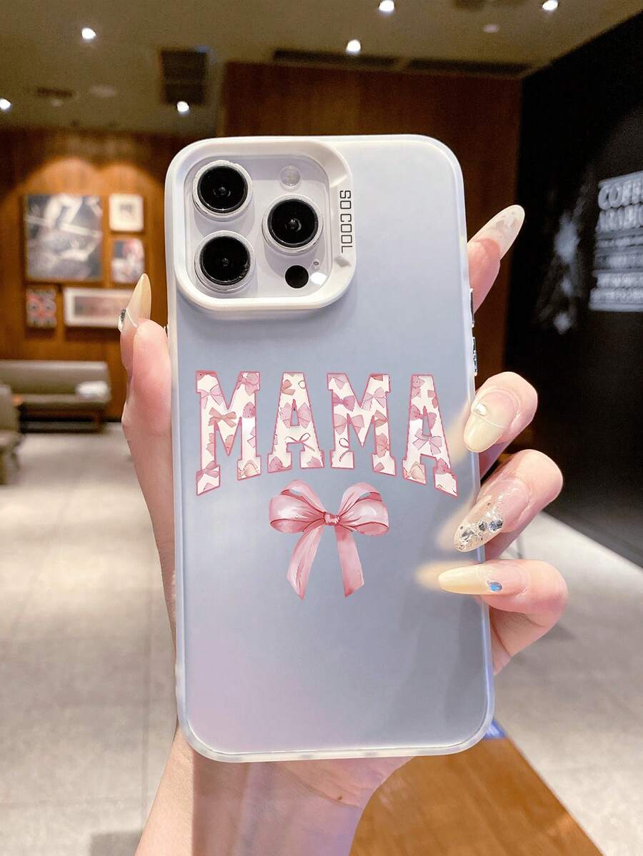 1pc Fashionable "MAMA" Bowknot Mother's Day Element Pattern Luxury Gradient Silver Silicone Soft Edge Acrylic Hard Backboard Large Hole Camera Protection Anti-Drop Thick PC Metal Button Phone Case Compatible With IPhone/,International Version, Not The Domestic Version - Silver - View 1