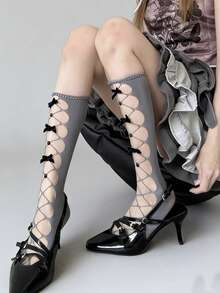 1 Pair Grey Butterfly Hollow Pearl Mid-Calf Mesh Socks, Women's Y2K Baddie Lolita Ripped Leg Warmers Ankle Socks, Versatile For Summer - Multicolor - View 3