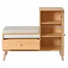 Shoe Cabinet, Rattan Hall Bench With Shoe Storage & Seat Cushion – Multifunctional Entryway Bench With Drawers & Open Compartments, One Cabinet Door - Natural - View 11