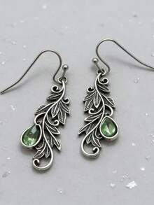 一对复古波西米亚风藤蔓雕刻绿色水滴水钻吊坠耳环，个性化珠宝礼品，适合女性日常、旅行和派对佩戴 - 復古銀色 - 查看 4