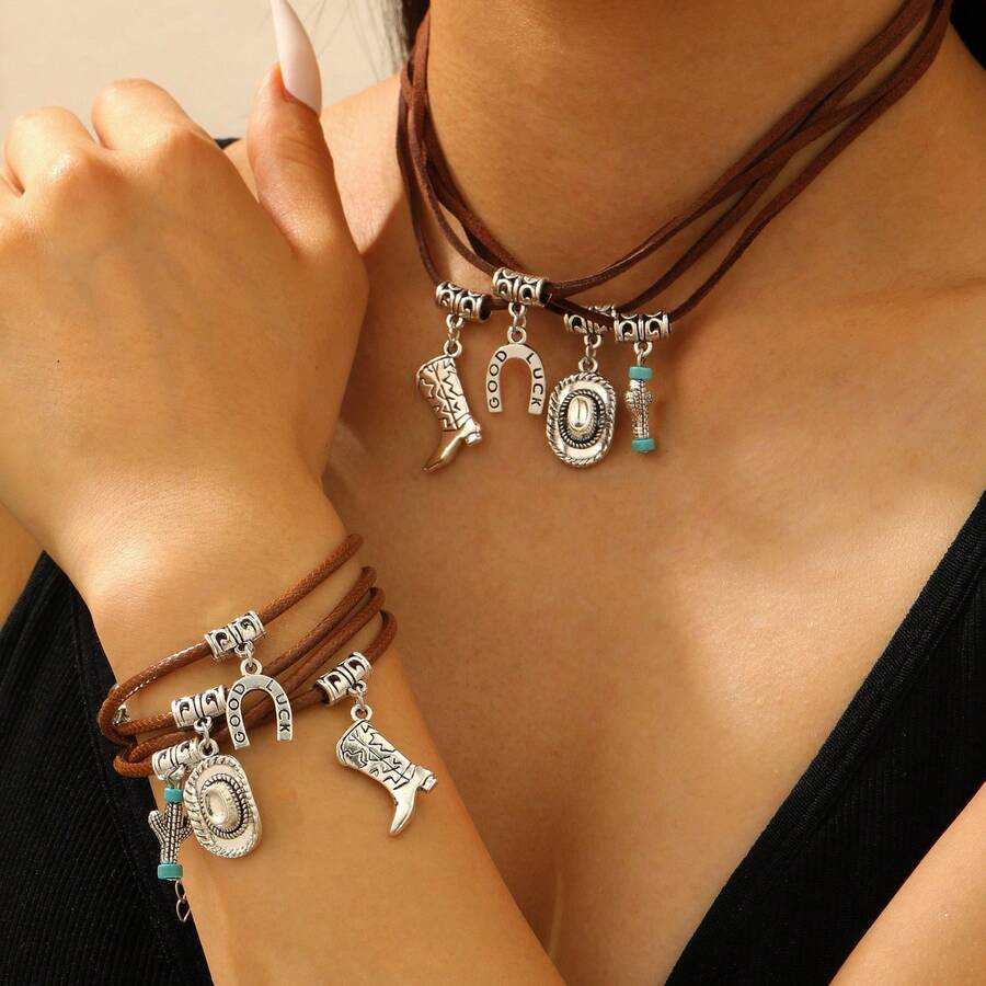 1 Set Retro Western Cowboy Style Necklace, Bohemian Metal Bull Head, Shoe, Hat Jewelry Accessories - Multicolor - View 1