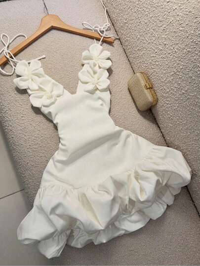 Women's Floral Decor Valentine's Day Party Evening Dress, Sexy Bud Strap Dress White Summer