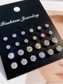 12 Pairs Fashionable Minimalist Luxurious Stainless Steel Earrings Set With Rhinestones, Versatile Jewelry Accessories Suitable For Festivals, Parties, And Outfits - Multicolor - View 1