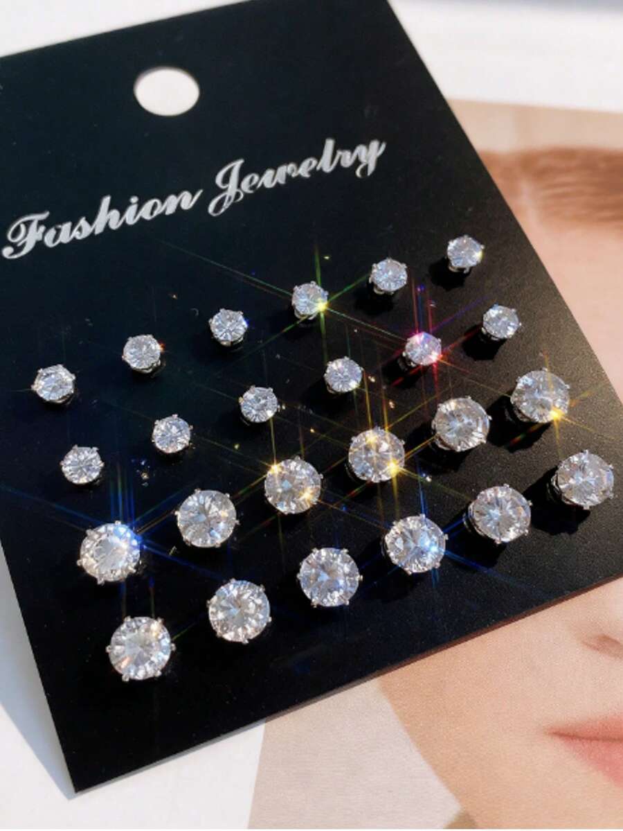 12 Pairs Fashionable Minimalist Luxurious Stainless Steel Earrings Set With Rhinestones, Versatile Jewelry Accessories Suitable For Festivals, Parties, And Outfits - Multicolor - View 1