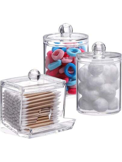 带盖棉签盒 - 10 盎司透明塑料药罐，适用于梳妆台化妆品收纳 - 浴室配件套装，可收纳棉签、棉球、棉垫、牙线等
