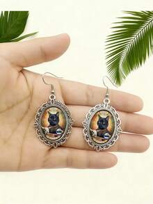 Zodiac Earrings, Dark Gothic Cat-Themed Zodiac Earrings, Birthday Party Gift - Silver - View 2