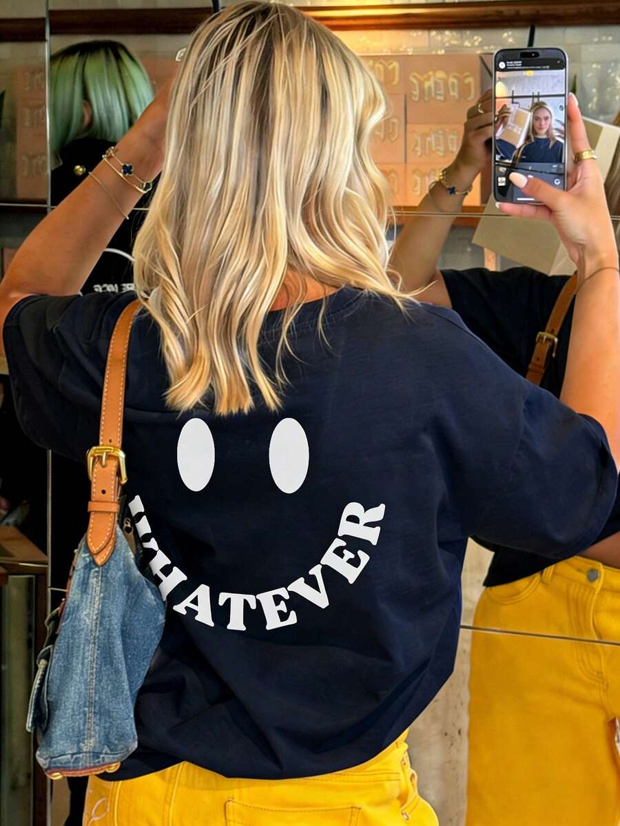 New Summer Women's Minimalist "WHATEVER" Smiling Face Print Round Neck Dark Grey Short Sleeve T-Shirt, Fashion Versatile, Suitable For Ladies' Casual Spring Tops