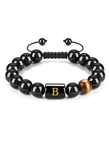 Vòng tay nam bằng đá mã não đen mắt hổ, kiểu bện, mặt dây chuyền 26 chữ cái, trang sức khắc tên riêng, quà tặng sinh nhật. - Nhiều màu - Xem 20