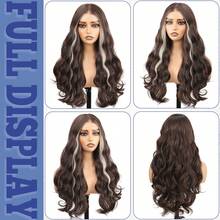 13x4蕾丝前额免胶Yaki波浪假发，长棕色挑染合成发，耐热纤维，适合女性日常派对佩戴 - 26英寸 - 鏽棕色 - 查看 7