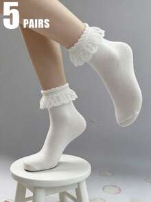 1/3/5 pares de calcetines de media caña blancos con volantes y estampado de estrellas, versátiles y lindos para mujer, nuevos lanzamientos para primavera/verano/otoño - Blanco - Ver 15