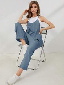 Women's Jumpsuit Romper Casual Sleeveless V-Neck Harem Overalls With Pockets - Stretchy Adjustable Straps Summer Beach Outfit - 藍灰色 - 查看 7