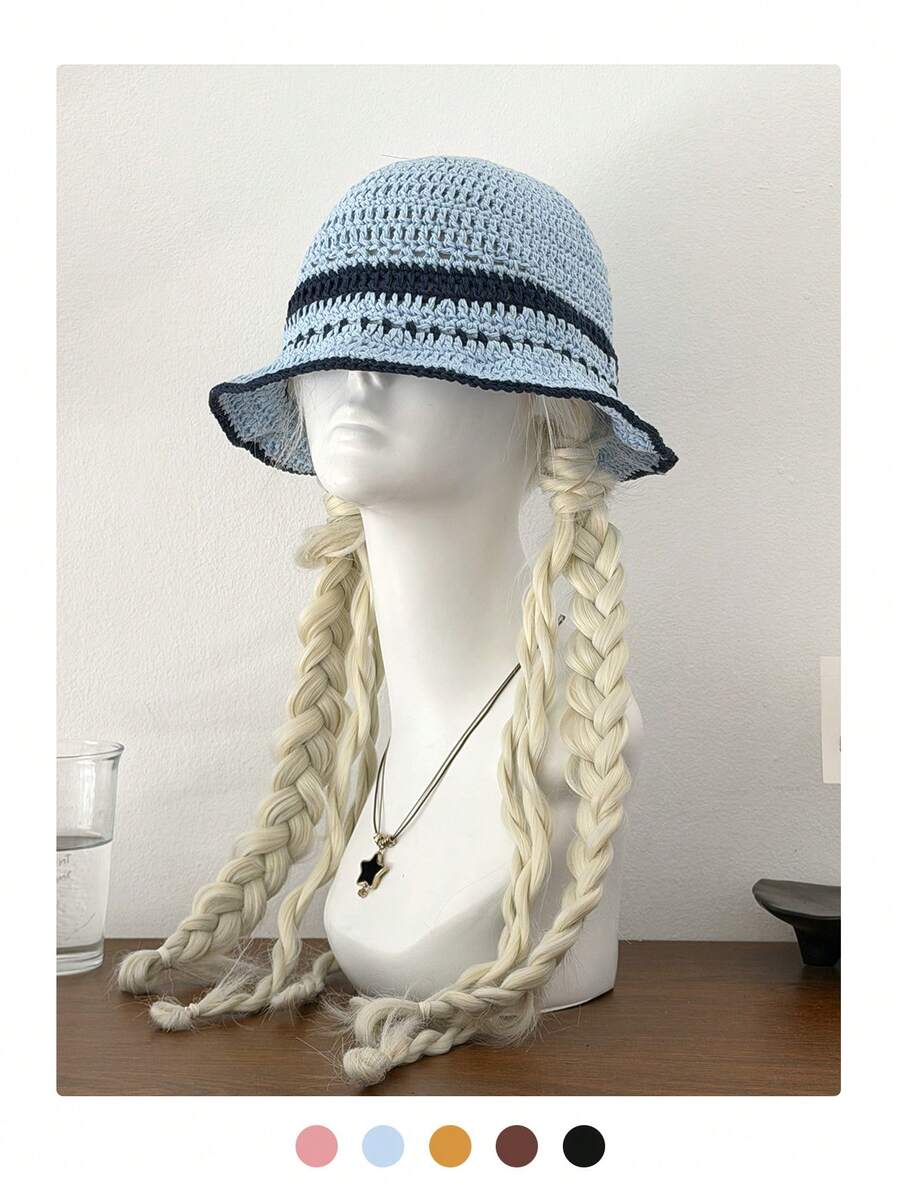 Colorful Dopamine Striped Knit Bucket Hat, Autumn/Winter, Large Head Circumference, Flattering, Rainbow Crochet Bucket Hat, Summer, Hyun-A Style, Sun Protection, Striped Knit Bucket Hat,Beach,Vacation - Multicolor - View 1