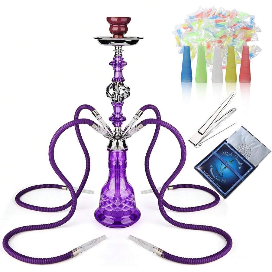 1 套 GRENAOH 22 英寸高级水烟套装，包括 4 根烟管、玻璃水瓶、陶瓷水烟碗和炭夹烟灰缸（4 件套） - 中型水煙壺四管 - 查看 1