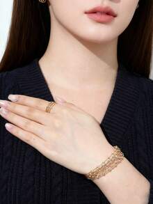 2 件/套時尚彈性銅金屬串珠戒指和手鐲,波西米亞風格 - 金黃色 - 查看 12