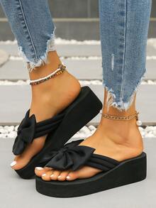 Women's Bow Tie High Heel Slippers, New Summer Fashion Outdoor Wear, Non-Slip Thick Sole, Beach Sandals, Wedge Heel - Black - View 4