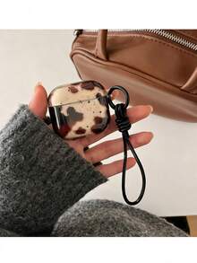 Black & Brown Cow Print Splash Ink Semi-Transparent Earphone Case + Lanyard Set, Compatible With Apple Pro 3/Pro 2/Pro/ 4/3/2, Comes With Protective Film To Be Removed Before Use - Black - View 1